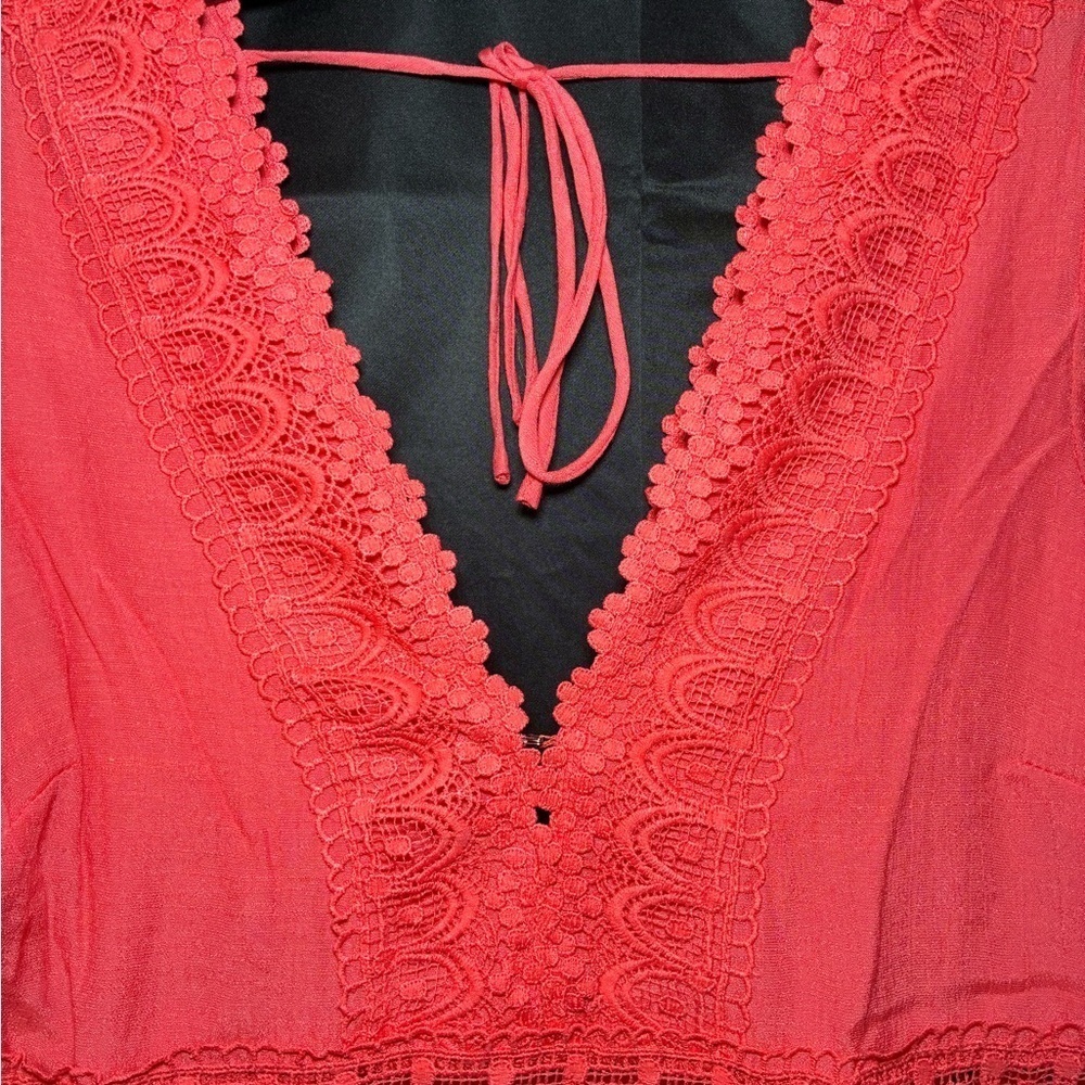 Wishlist Apparel Lace Insert Coral Dress size Large NEW Bohemian Ruffle V Neck - Picture 2 of 10